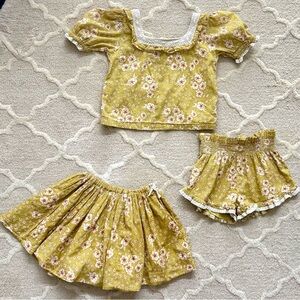 Lali Kids 5/6 3-piece Set Mustard FlowerTwirly Skirt Top & Shorts Girl’s XS S
